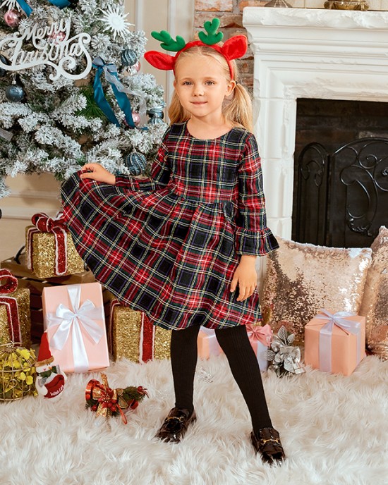 Long Sleeve Blue Plaid Mom Girl Matching Dress