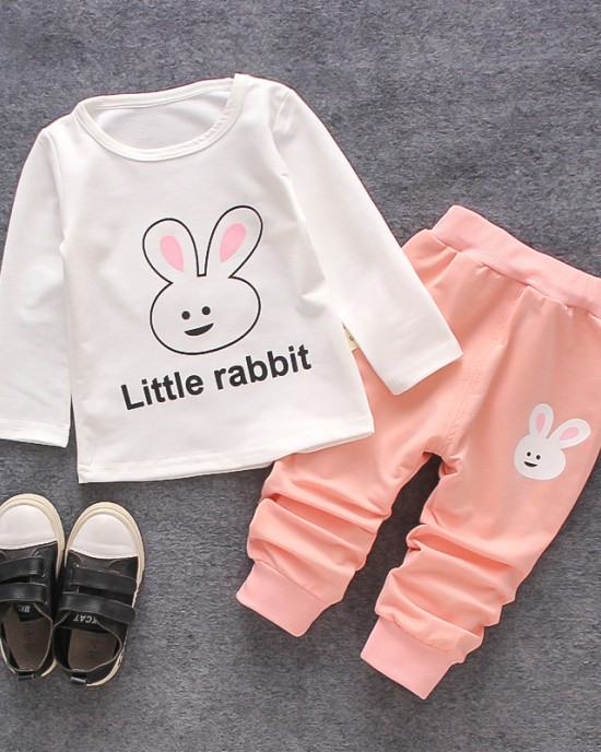 【12M-4Y】Children Clothes Girls 3-piece Rabbit Print Cotton Long-sleeved T-shirt and Pants Hoodie Coat Set - 34220