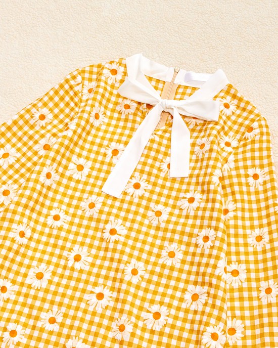 Sweet Long Sleeved Yellow Plaid and Flower Print Mom Girl Matching Dress