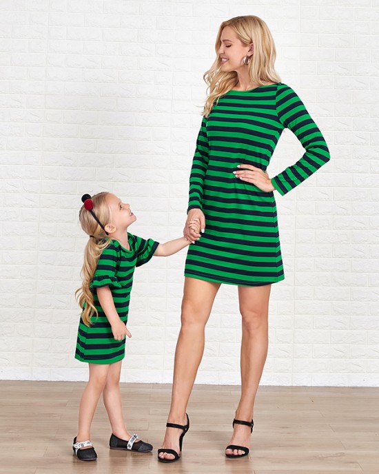 Casual Green Knitted Striped Round Neck Long Sleeves Mom Girl Matching Dress