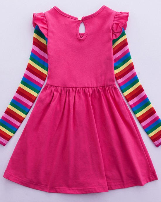 【3Y-8Y】Girl Sweet Rainbow Unicorn Pattern Long Sleeve Dress