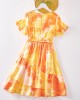 Sweet Orange Tie-Dye V-Neck Short Sleeve Mom Girl Matching Dress - 13109