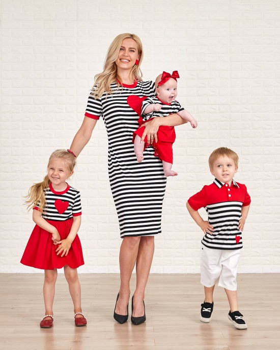 Casual Striped Red Heart-shaped Embroidery Family Matching Outfits - 1361