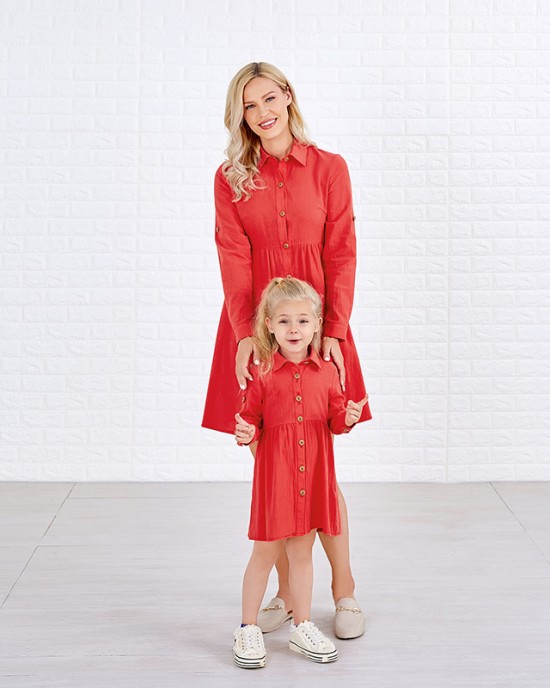 Sweet Red Cotton Blend Lapel Long Sleeves Mom Girl Matching Dress - 1390