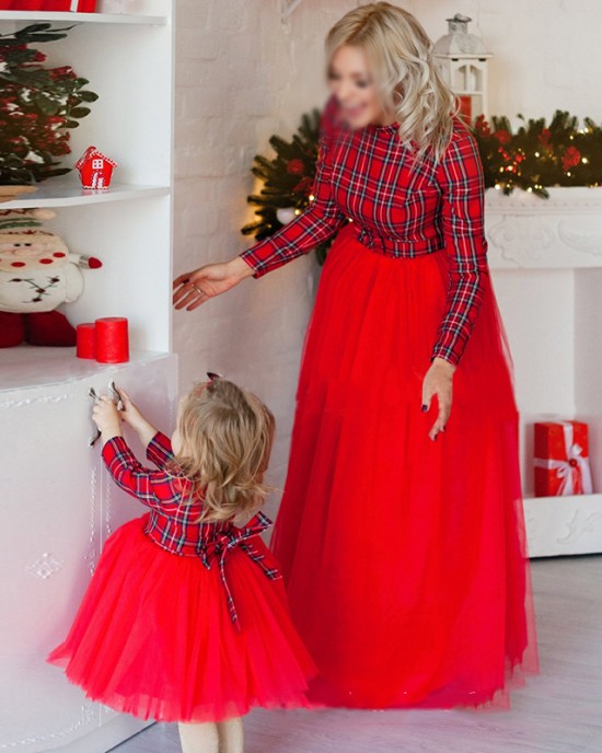 Christmas Red Plaid Mesh Stitching Mom Girl Matching Dress - 13202