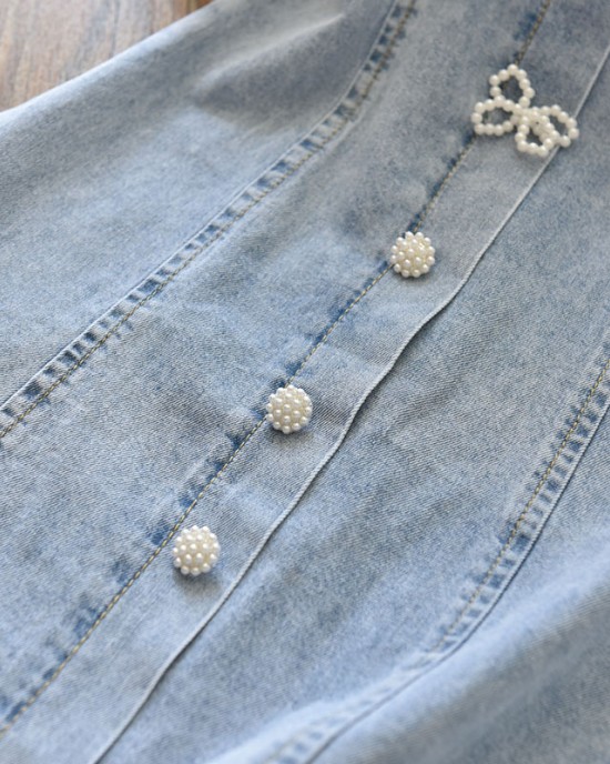 【18M-9Y】Girl Sweet Lace Puff Sleeve Denim Dress - 33189