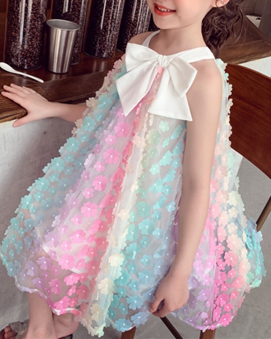 【18M-9Y】Girl Sweet Color Three-dimensional Flower Sleeveless Dress - 33179