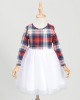 Round Neck Long Sleeve Plaid Tulle Stitching Mom Girl Matching Dress -13121