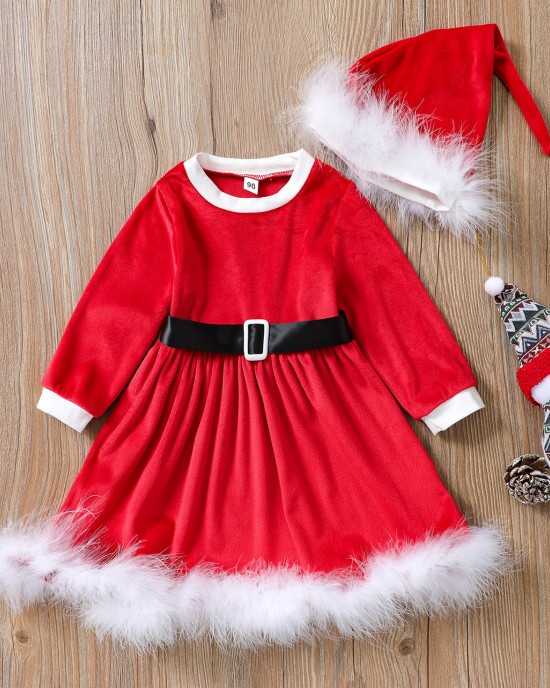 【12M-5Y】Girl Sweet Christmas Red Dress With Hat