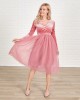 Classic Pink Velvet Mesh Long Sleeves Mom Girl Matching Dress - 13113