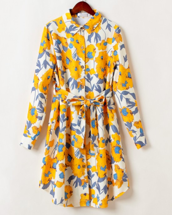 Sweet Yellow Flowers Long Sleeve Mom Girl Matching Shirt Dress - 13143