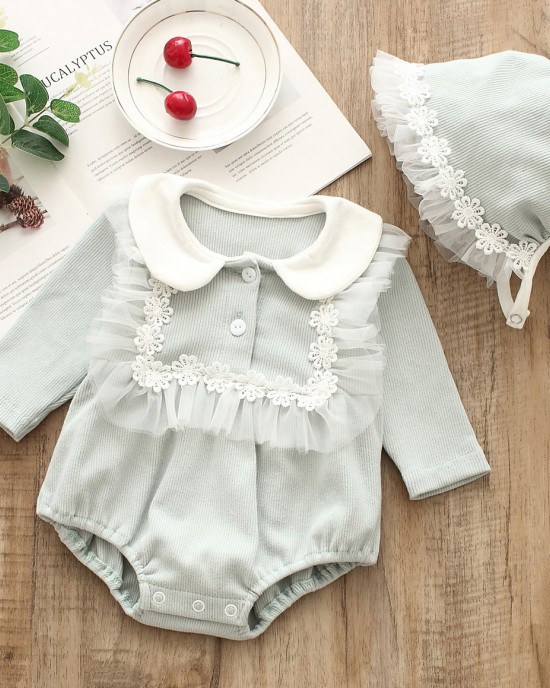 【0M-24M】2-piece Baby Cute Ruffled Long-sleeved Romper With Hat - 8011