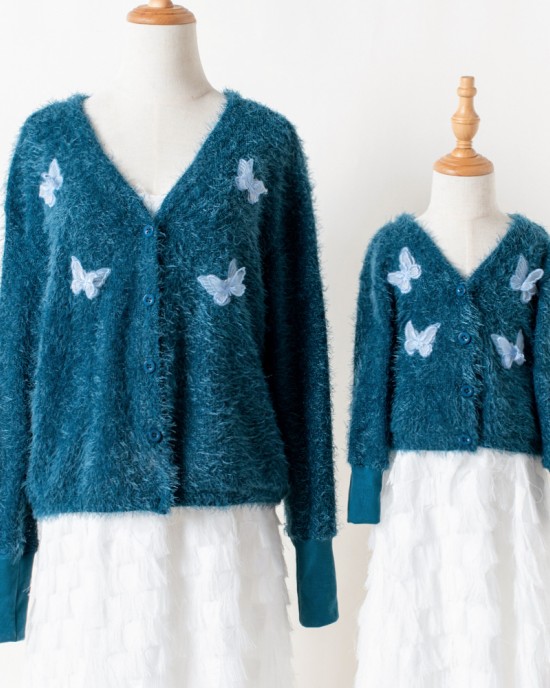 Sweet Butterfly Embroidery Blue Sweater Mom Girl Matching Cardigan - 1163