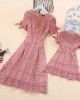 Pure Color Hollow Out Short Sleeve Mom Girl Matching Dress - 1357