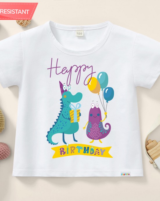 【12M-9Y】Kids Cotton Stain Resistant Happy Birthday Short Sleeve Tee