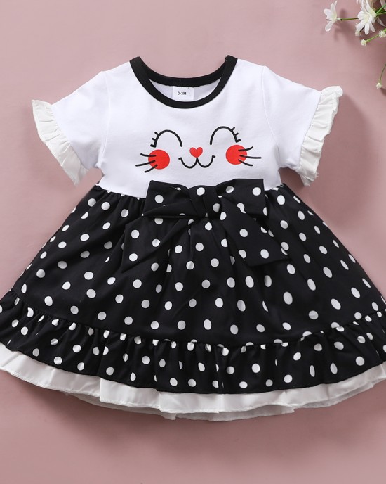 【0M-18M】Cute Cartoon And Polka Dot Print Round Neck Short Sleeve Dress