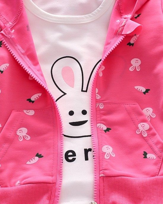 【12M-4Y】Children Clothes Girls 3-piece Rabbit Print Cotton Long-sleeved T-shirt and Pants Hoodie Coat Set - 34220