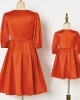 Sweet Orange Satin Round Neck Mom Girl Matching Dress