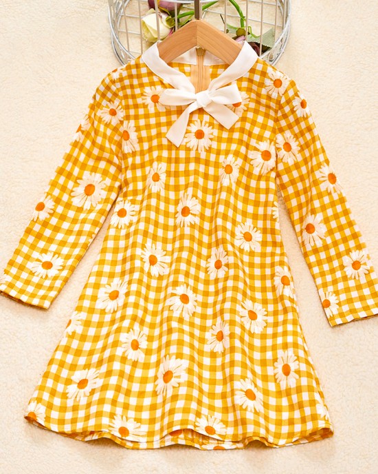 Sweet Long Sleeved Yellow Plaid and Flower Print Mom Girl Matching Dress