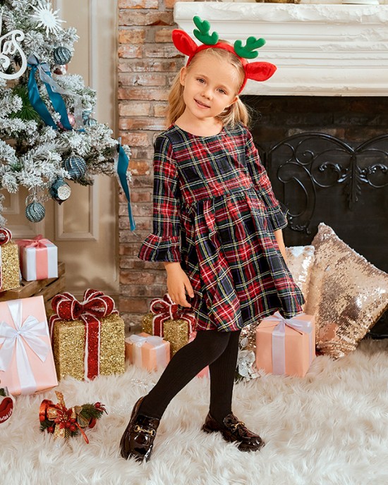 Long Sleeve Blue Plaid Mom Girl Matching Dress