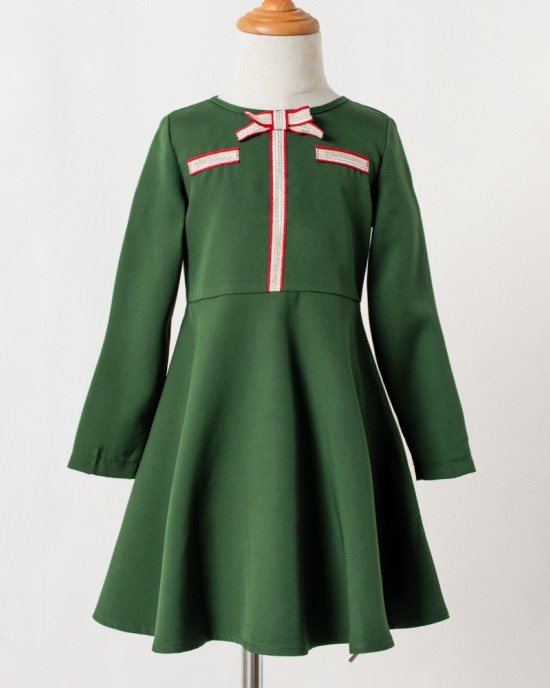 Elegant Golden Ribbon Green Long-sleeved Mom Girl Matching Dress - 13168