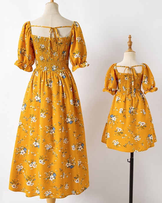 Sweet Flower Print Square Neck Puff Sleeve Yellow Mom Girl Matching Dress