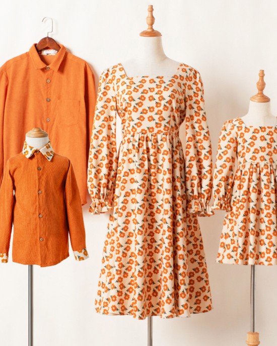 Casual Orange Corduroy Floral Long-sleeved Family Matching Outfits - 2122