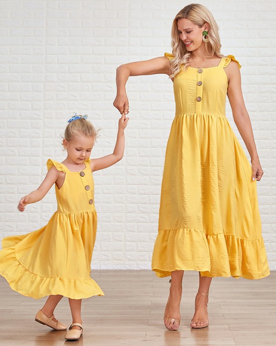 Sweet Yellow Ruffled Mom Girl Matching Dress - 1319