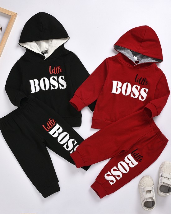 【12M-7Y】Boys Letter Print Hooded Long Sleeve Sweatshirt And Pants Set - 3488