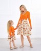 Sweet V-neck Long Sleeved Stitching Flower Orange Mom Girl Matching Dress