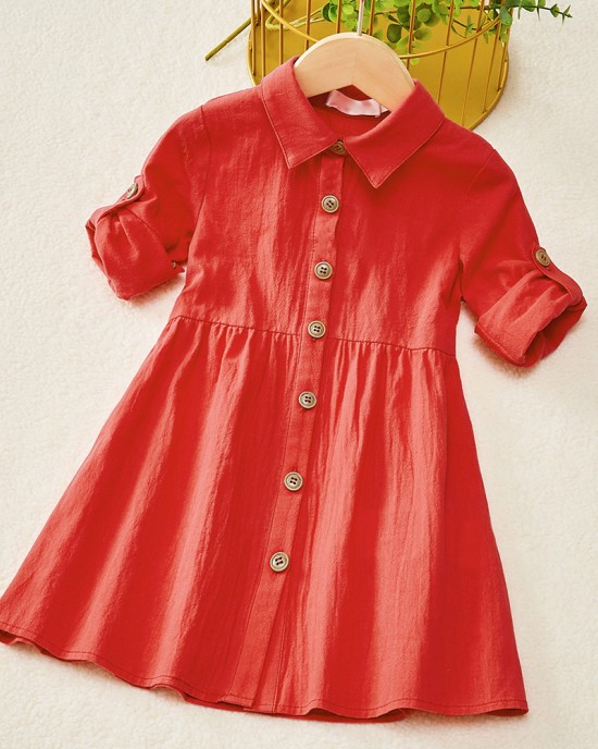 Sweet Red Cotton Blend Lapel Long Sleeves Mom Girl Matching Dress - 1390