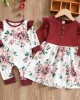 【0M-7Y】Girls Sweet Floral Print Red Dress And Romper ( Sold Separately ) - 33266