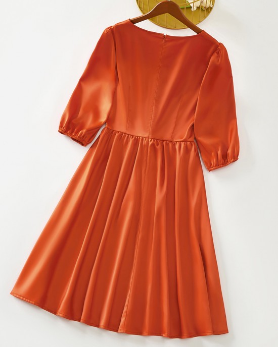 Sweet Orange Satin Round Neck Mom Girl Matching Dress