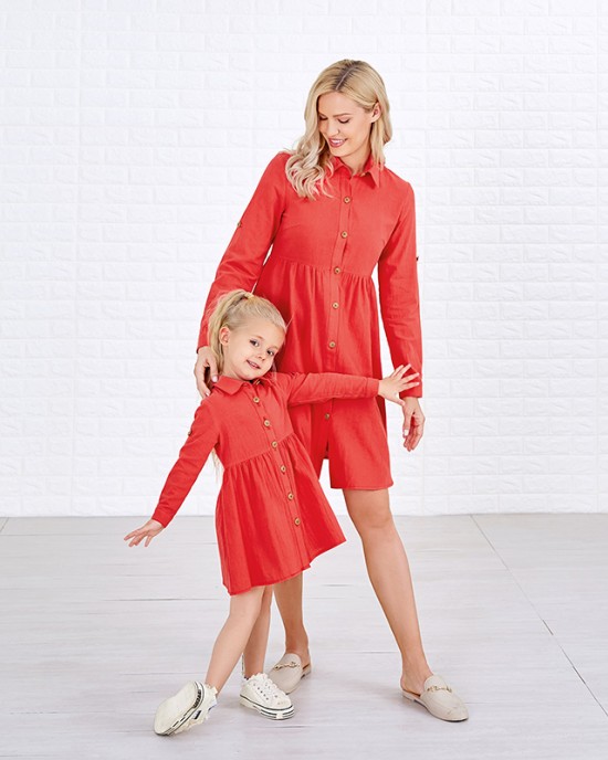 Sweet Red Cotton Blend Lapel Long Sleeves Mom Girl Matching Dress - 1390