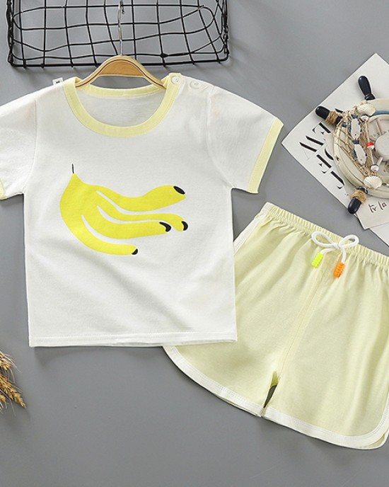 【6M-5Y】Boys Round Neck Short Sleeve Cartoon Print Suit