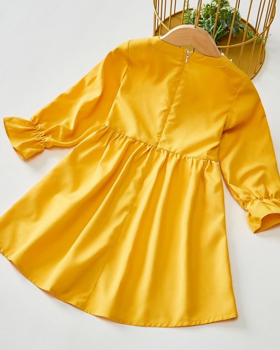 Sweet V-neck Long Sleeved Lace Stitching Yellow Mom Girl Matching Dress - 1397