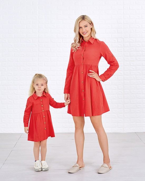 Sweet Red Cotton Blend Lapel Long Sleeves Mom Girl Matching Dress - 1390