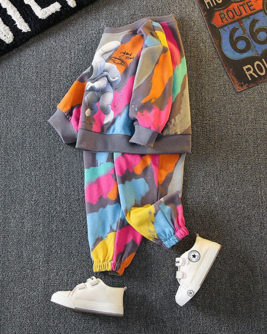 【18M-11Y】2-piece Kids Casual Colorful Cartoon Printed Sweatshirt And Pants Set - 4408