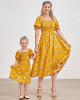 Sweet Flower Print Square Neck Puff Sleeve Yellow Mom Girl Matching Dress