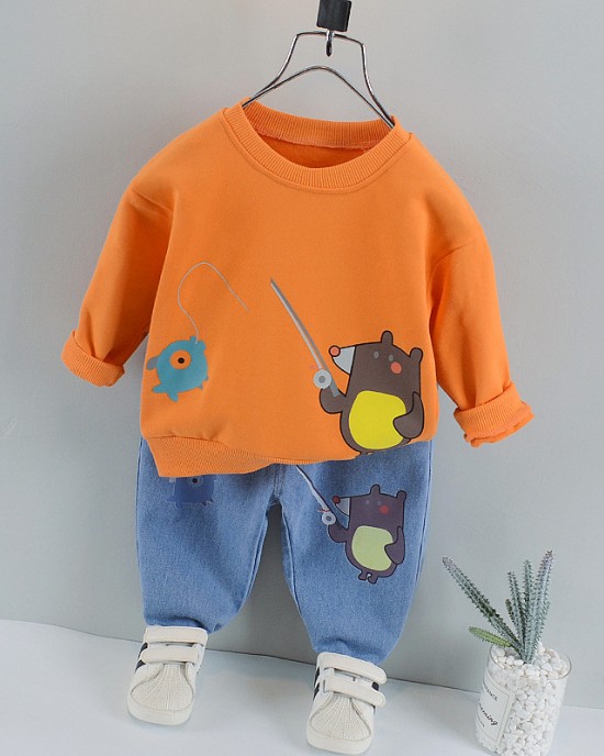 【12M-5Y】Boys Cartoon Print Long Sleeve Sweatshirt And Denim Pants Set