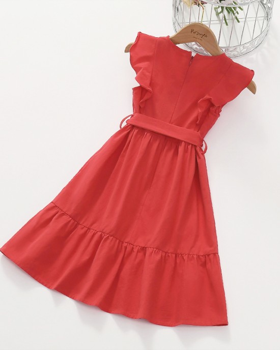 Cotton Solid Color Midi Mom Girl Matching Dress - 1362