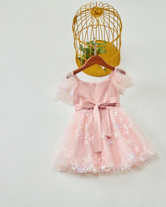 Sweet Embroidered Pink Mesh Mom Girl Matching Dress - 1333