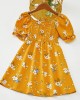 Sweet Flower Print Square Neck Puff Sleeve Yellow Mom Girl Matching Dress