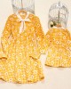 Sweet Long Sleeved Yellow Plaid and Flower Print Mom Girl Matching Dress