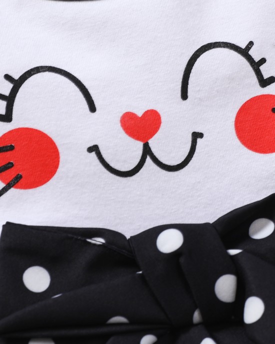 【0M-18M】Cute Cartoon And Polka Dot Print Round Neck Short Sleeve Dress