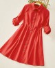 Sweet Red Cotton Blend Lapel Long Sleeves Mom Girl Matching Dress - 1390