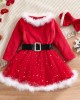 【18M-7Y】Girl Sweet Christmas Star Mesh Red Dress With Headband - 33228