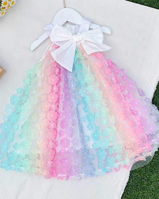 【18M-9Y】Girl Sweet Color Three-dimensional Flower Sleeveless Dress - 33179