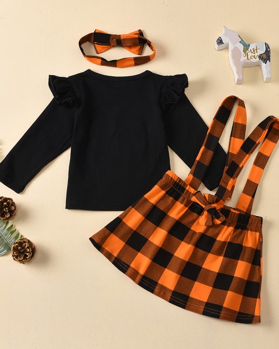 【3M-3Y】Girls Round Neck Black Blouse and Plaid Suspender Skirt Set