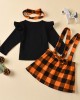 【3M-3Y】Girls Round Neck Black Blouse and Plaid Suspender Skirt Set